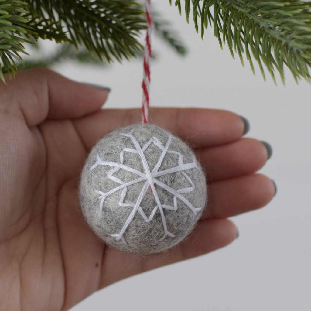 Grey Embroidered Snowflake Balls - Set of 4 - Tik Tak Design Co.