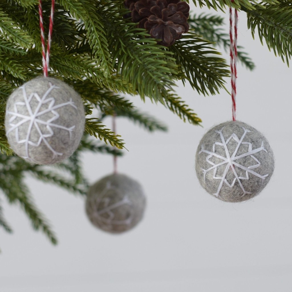 Grey Embroidered Snowflake Balls - Set of 4 - Tik Tak Design Co.
