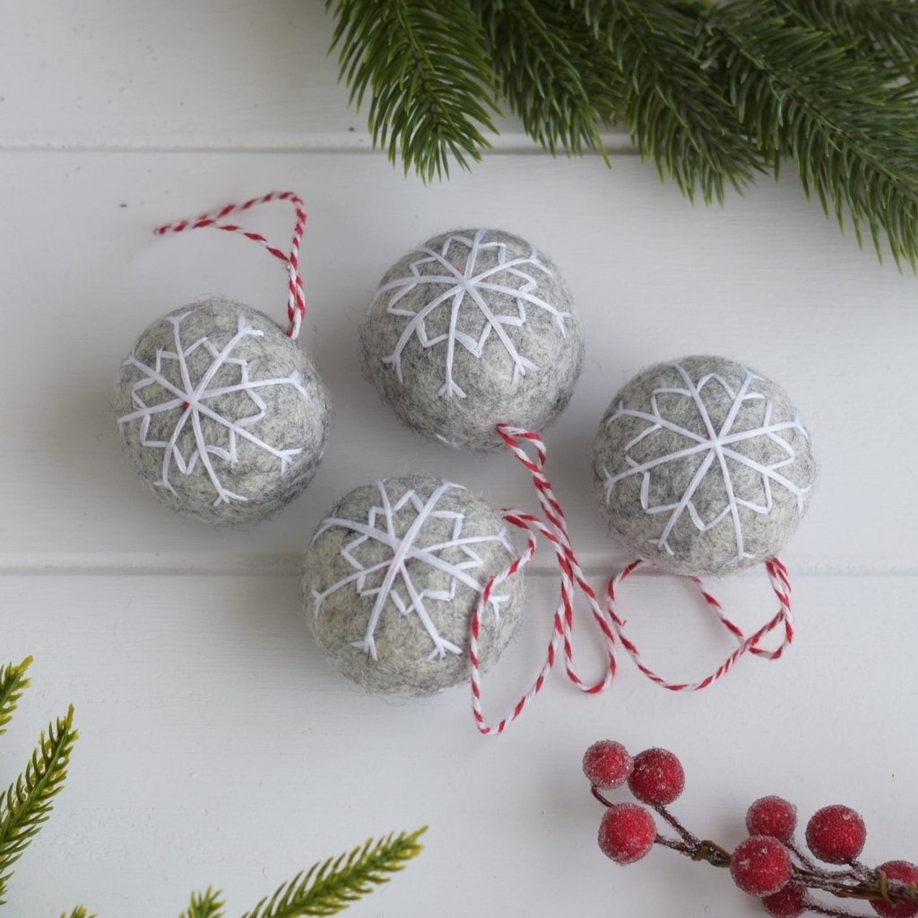 Grey Embroidered Snowflake Balls - Set of 4 - Tik Tak Design Co.