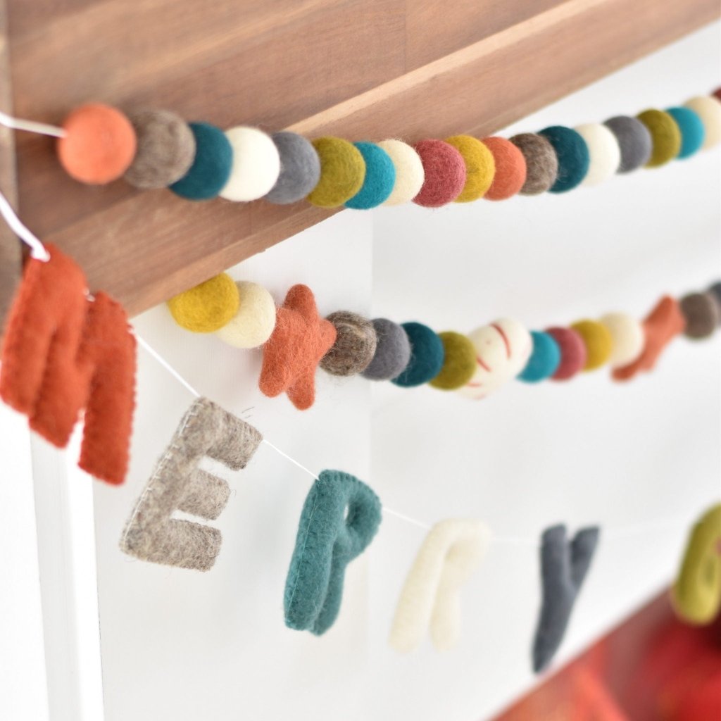 Merry Christmas Word and Felt Ball Garlands - Tik Tak Design Co.