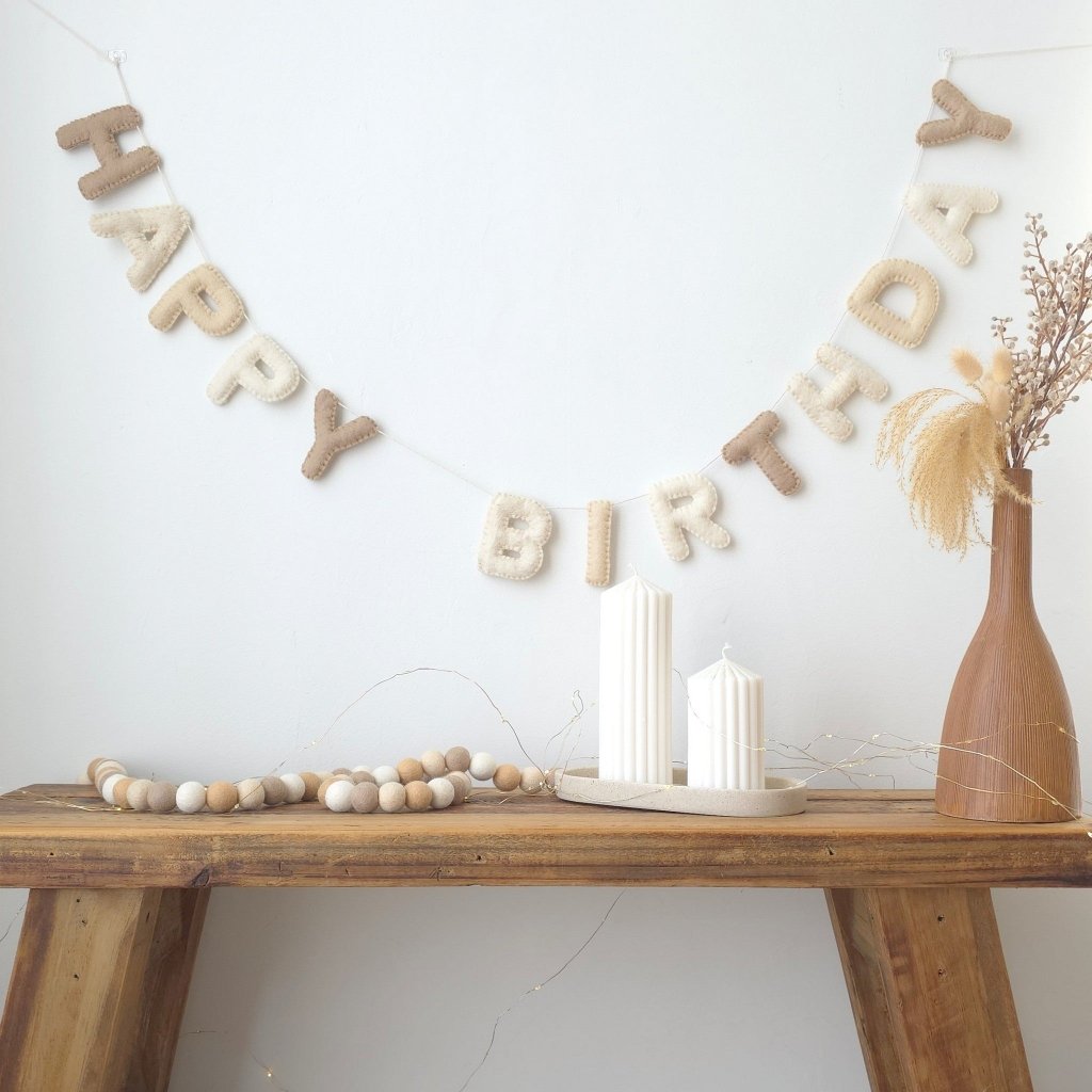 Neutral Happy Birthday Felt Banner - Tik Tak Design Co.