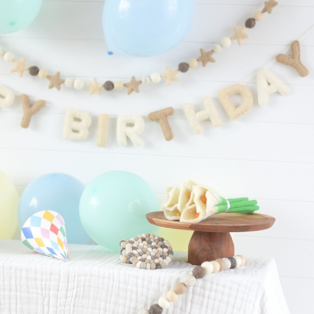 Neutral Happy Birthday Felt Banner &amp; Garland Set - Tik Tak Design Co.
