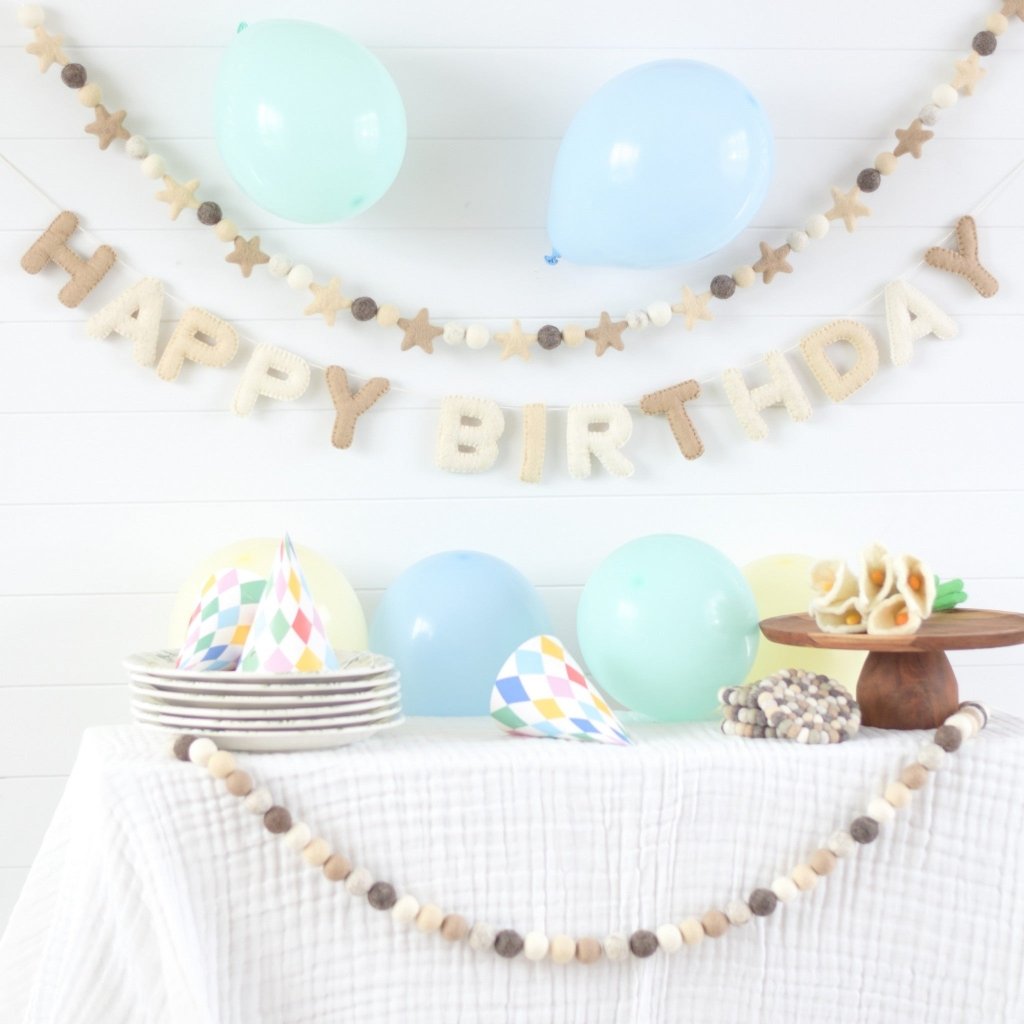 Neutral Happy Birthday Felt Banner &amp; Garland Set - Tik Tak Design Co.