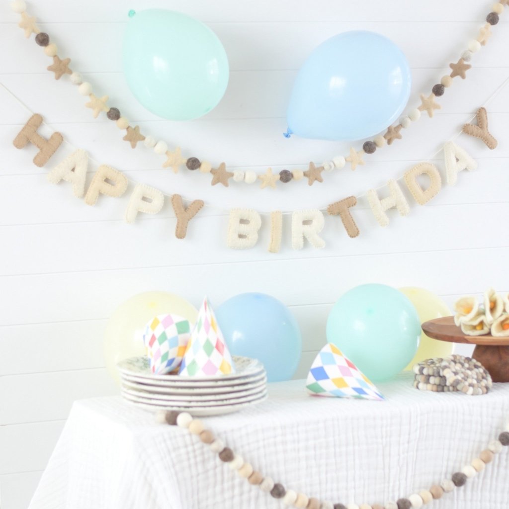 Neutral Happy Birthday Felt Banner &amp; Garland Set - Tik Tak Design Co.