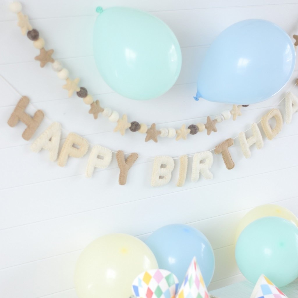 Neutral Happy Birthday Felt Banner &amp; Garland Set - Tik Tak Design Co.