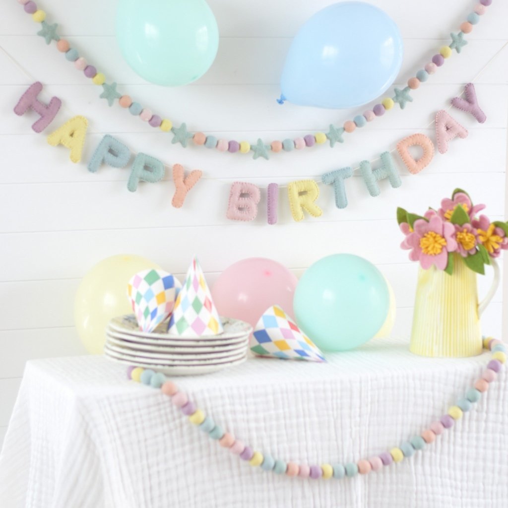 Pastel Happy Birthday Felt Banner &amp; Garland Set - Tik Tak Design Co.