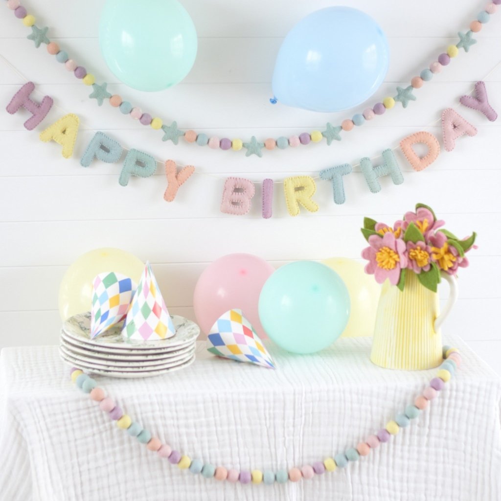 Pastel Happy Birthday Felt Banner &amp; Garland Set - Tik Tak Design Co.