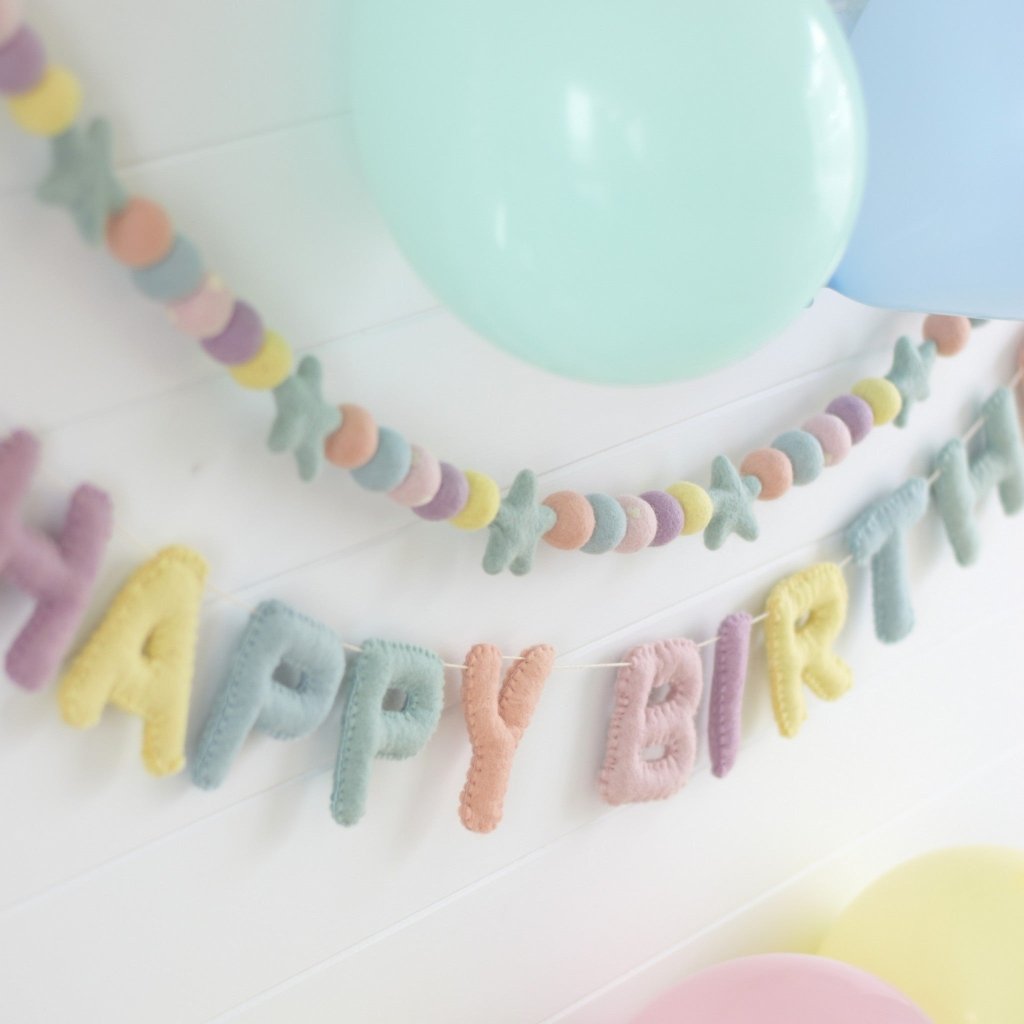 Pastel Happy Birthday Felt Banner &amp; Garland Set - Tik Tak Design Co.