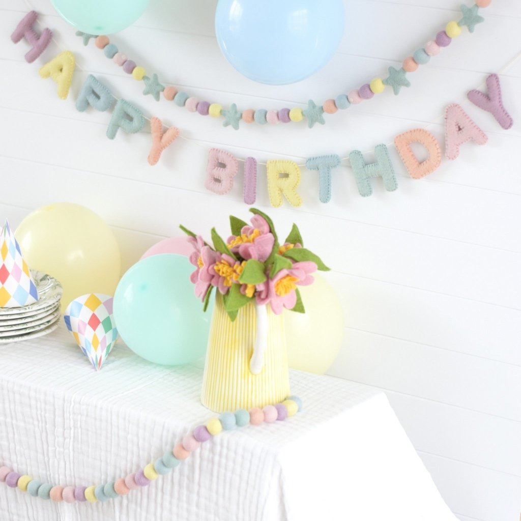 Pastel Happy Birthday Felt Banner &amp; Garland Set - Tik Tak Design Co.