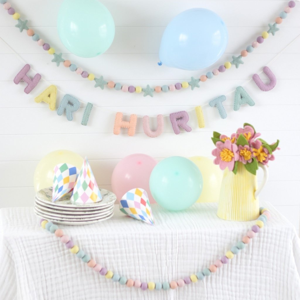 Pastel Hari Huritau Felt Banner &amp; Garland Set - Tik Tak Design Co.