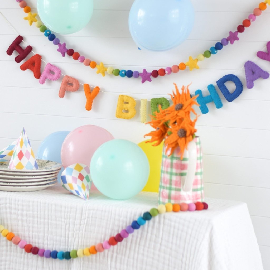 Rainbow Happy Birthday Felt Banner &amp; Garland Set - Tik Tak Design Co.