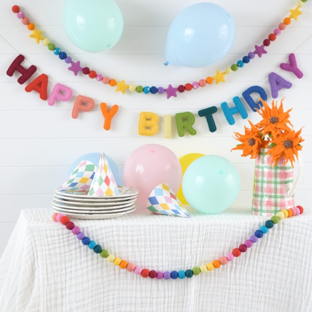 Rainbow Happy Birthday Felt Banner &amp; Garland Set - Tik Tak Design Co.