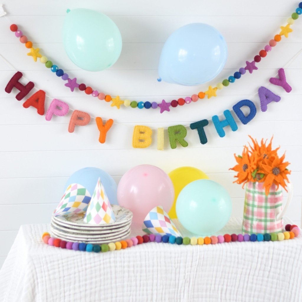 Rainbow Happy Birthday Felt Banner &amp; Garland Set - Tik Tak Design Co.