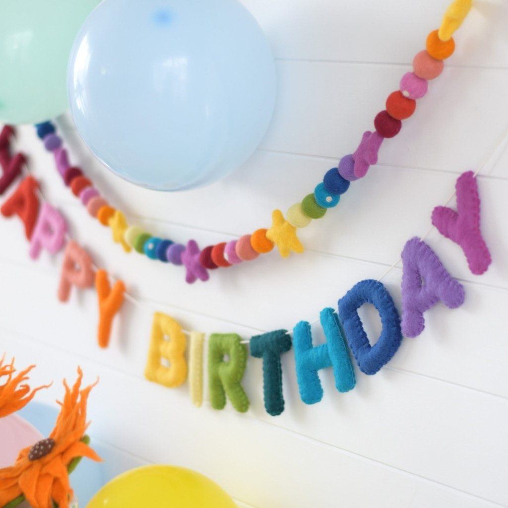 Rainbow Happy Birthday Felt Banner &amp; Garland Set - Tik Tak Design Co.
