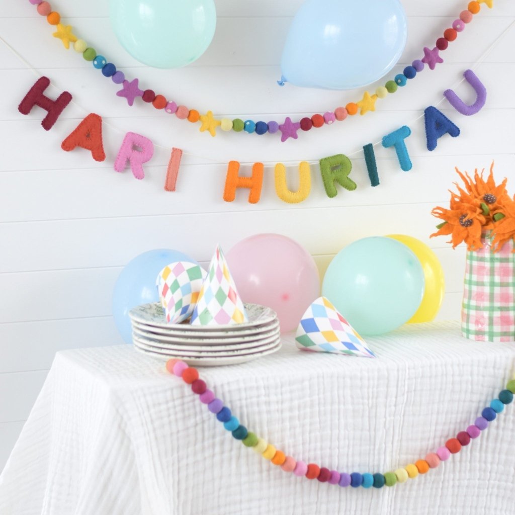Rainbow Hari Huritau Felt Banner &amp; Garland Set - Tik Tak Design Co.