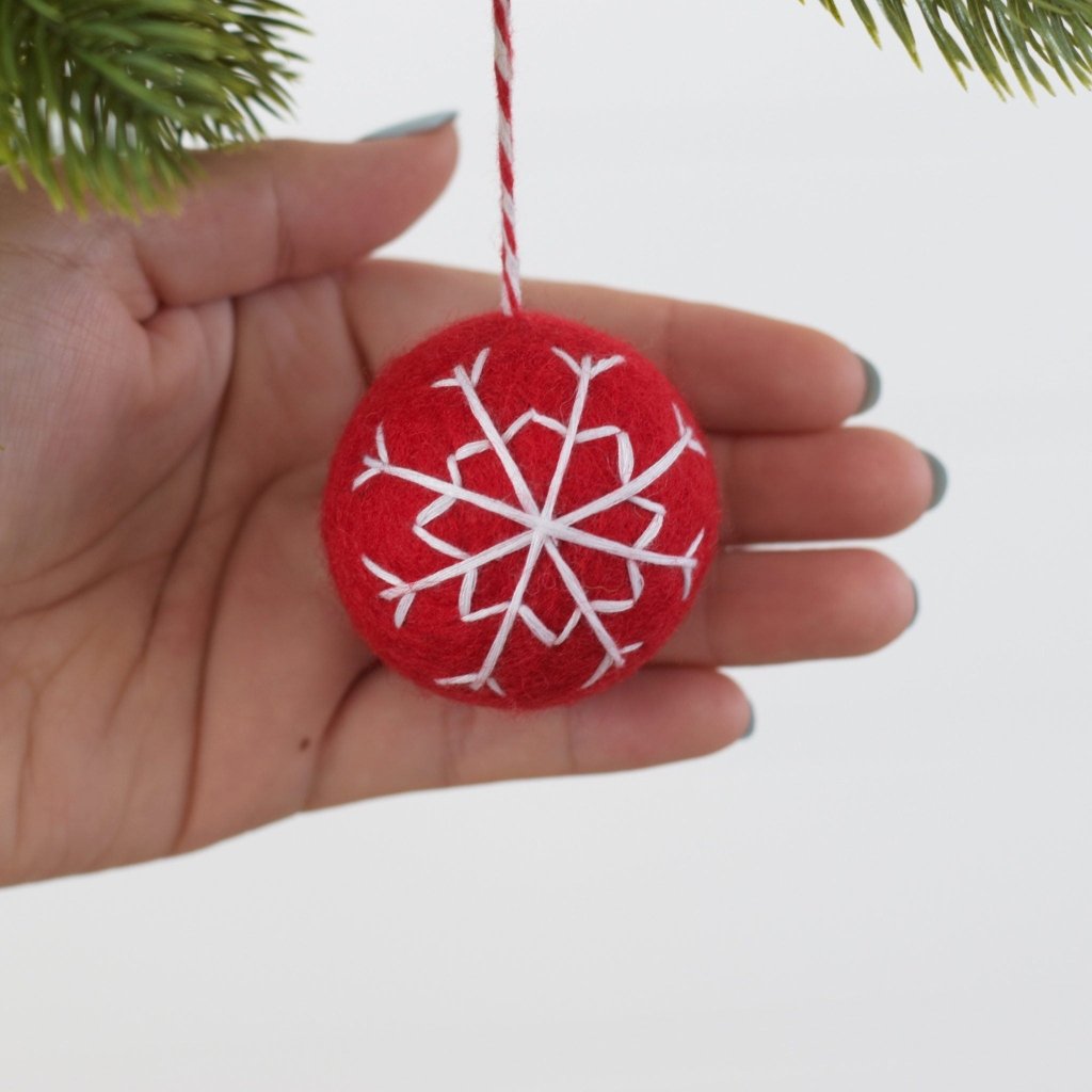 Red Embroidered Snowflake Balls - Set of 4 - Tik Tak Design Co.
