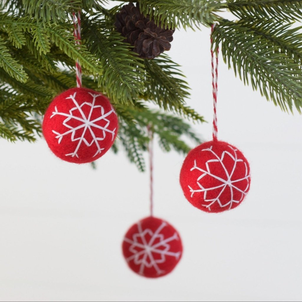 Red Embroidered Snowflake Balls - Set of 4 - Tik Tak Design Co.