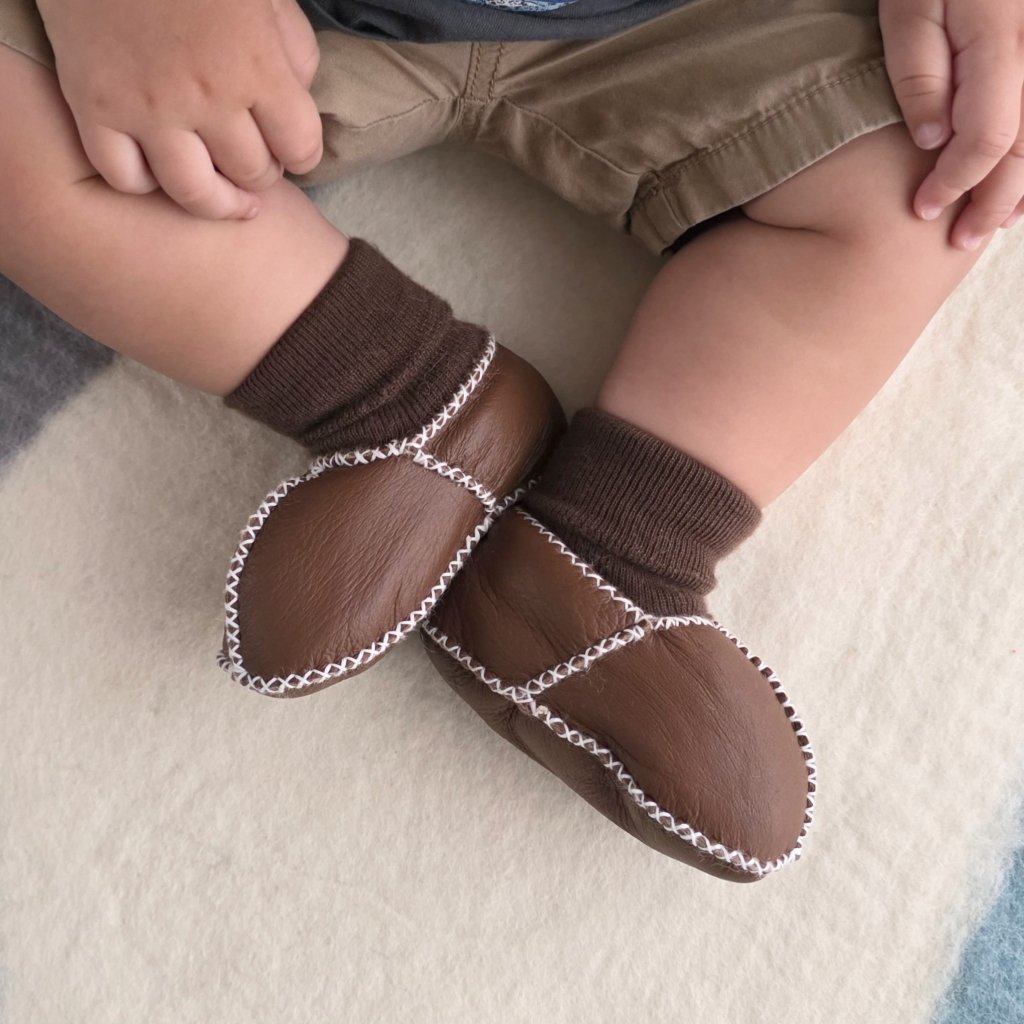 Sheepskin Leather Booties - Chocolate - Tik Tak Design Co.