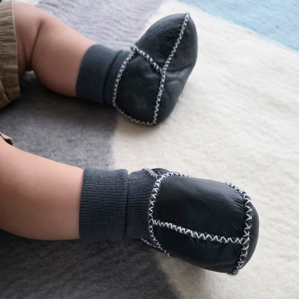 Sheepskin Leather Booties - Dark Blue - Tik Tak Design Co.