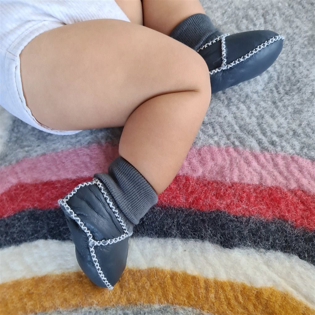 Sheepskin Leather Booties - Dark Blue - Tik Tak Design Co.