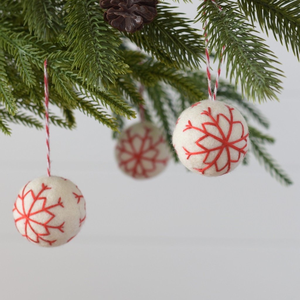 White Embroidered Snowflake Balls - Set of 4 - Tik Tak Design Co.