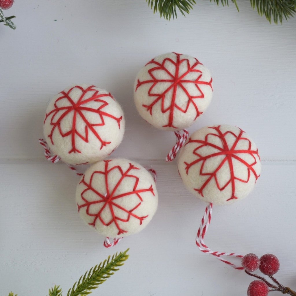 White Embroidered Snowflake Balls - Set of 4 - Tik Tak Design Co.