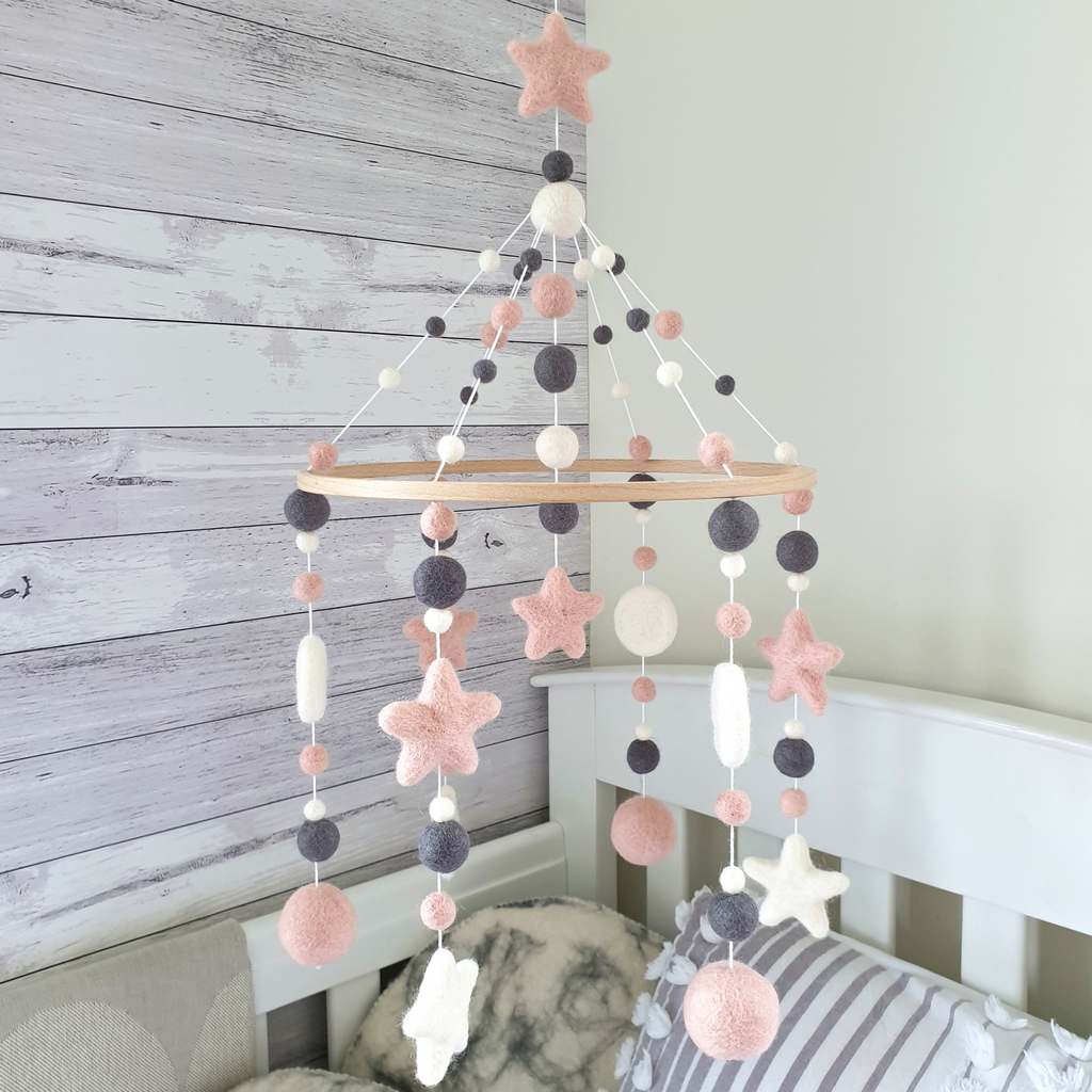 Pink and grey baby mobile