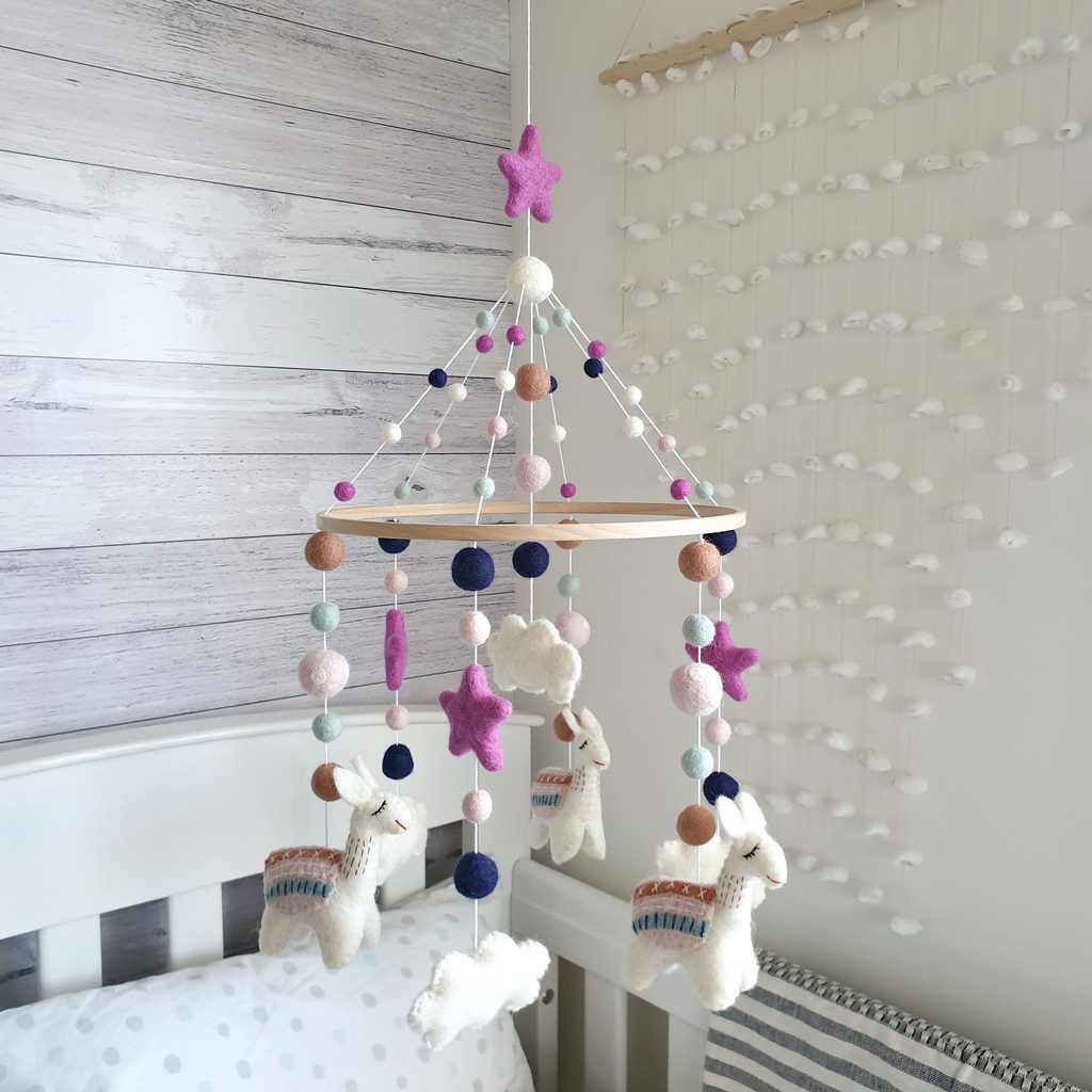 Baby Pink &amp; Mulberry Llama Animal Mobile - Tik Tak Design Co.