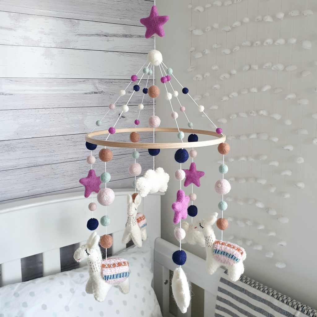 Baby Pink &amp; Mulberry Llama Animal Mobile - Tik Tak Design Co.