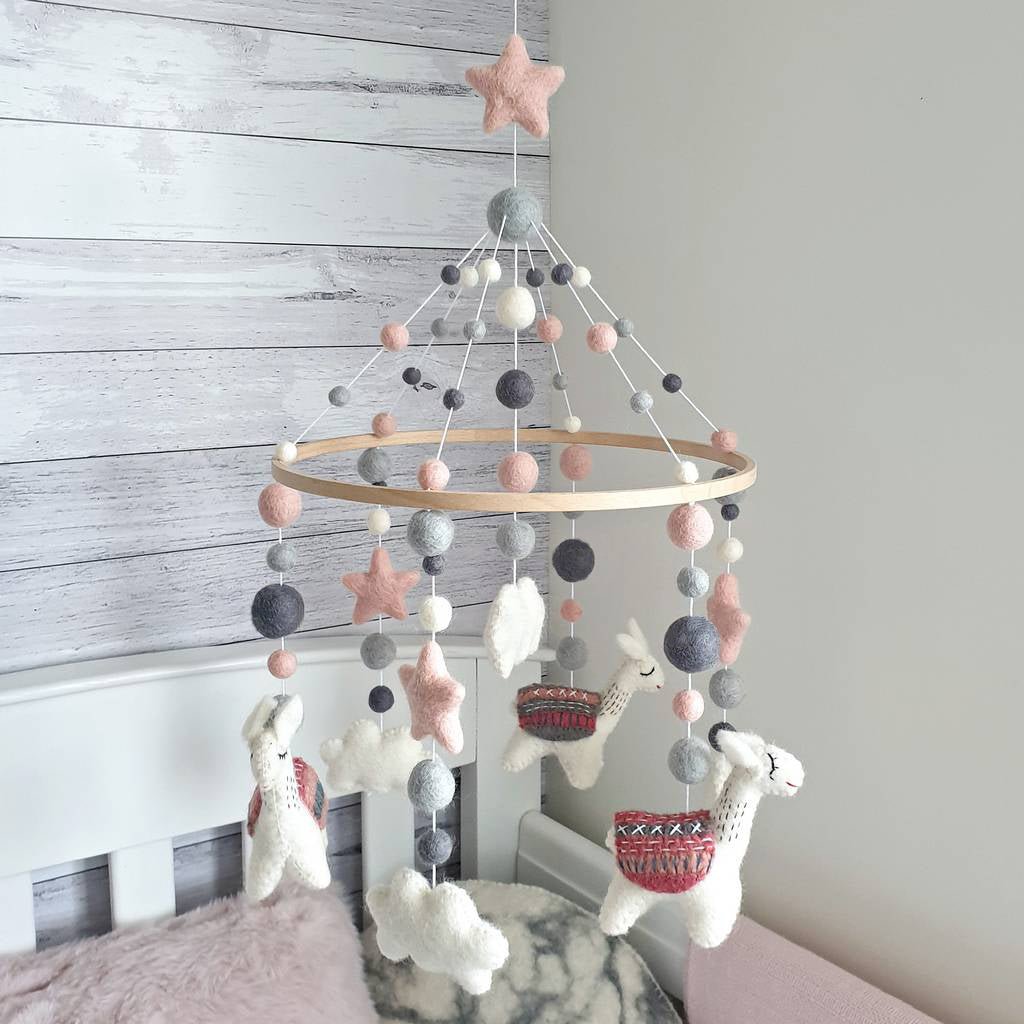 Pink &amp; Grey Llama Animal Mobile - Tik Tak Design Co.