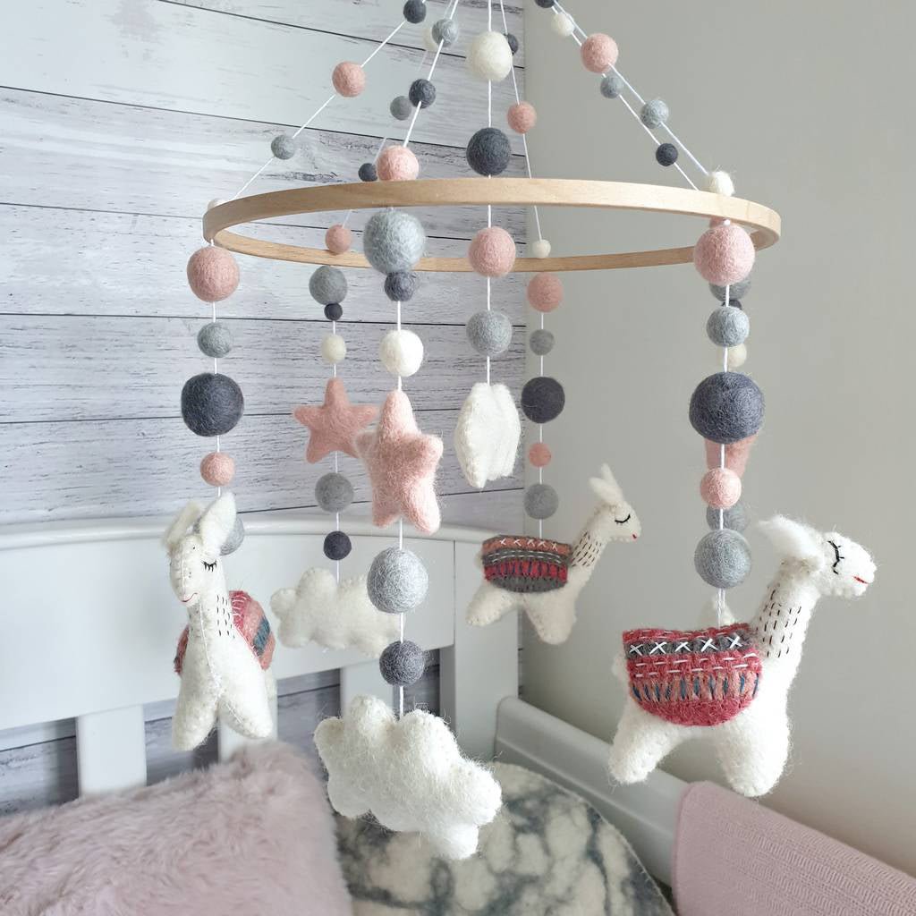 Pink &amp; Grey Llama Animal Mobile - Tik Tak Design Co.