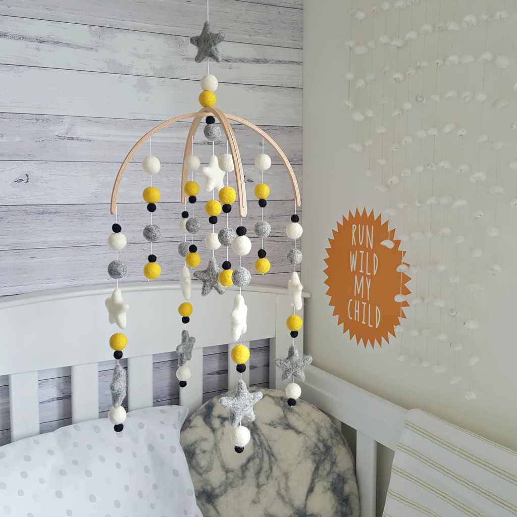 Saffron and Grey Baby Mobile - Tik Tak Design Co.